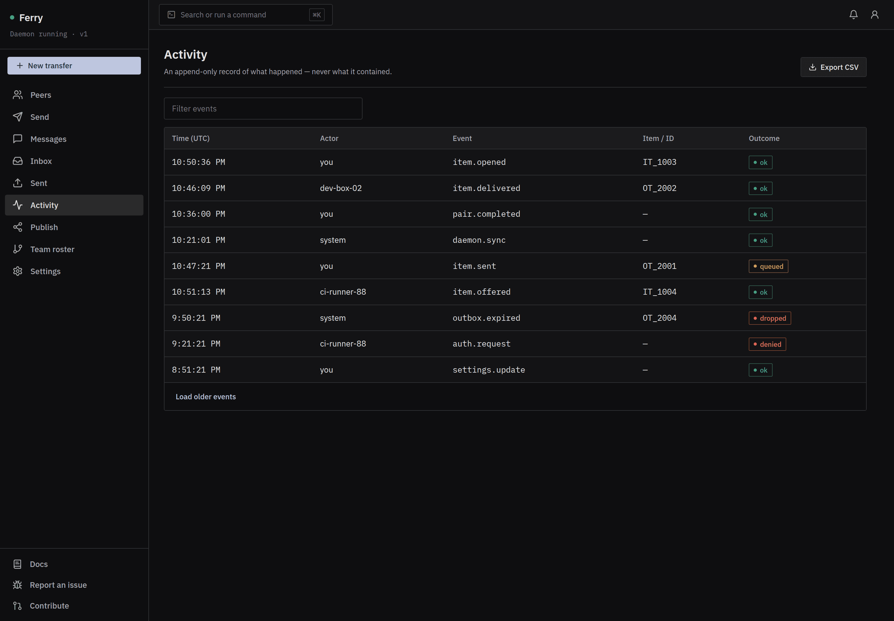 Ferry — the Activity log